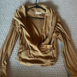 Free People Tan Ribbed Cowl Neck Top